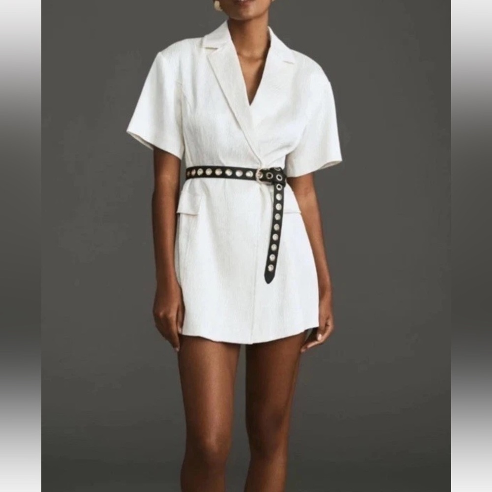 NWT Anthropologie 4SI3NNA S Lorenzo Short-Sleeve Belted Blazer Dress White